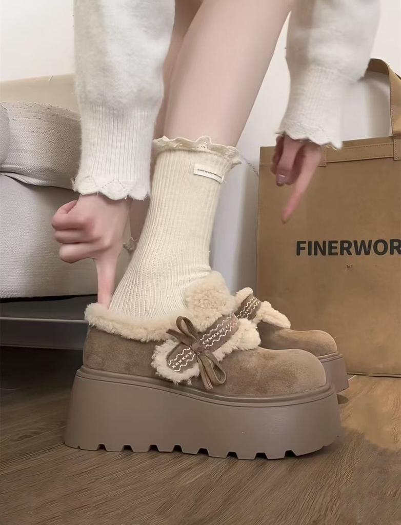 Wear bow-tied cotton shoes outside, winter platform cotton shoes, thick soles are high, warm and high snow fluffy shoes are high