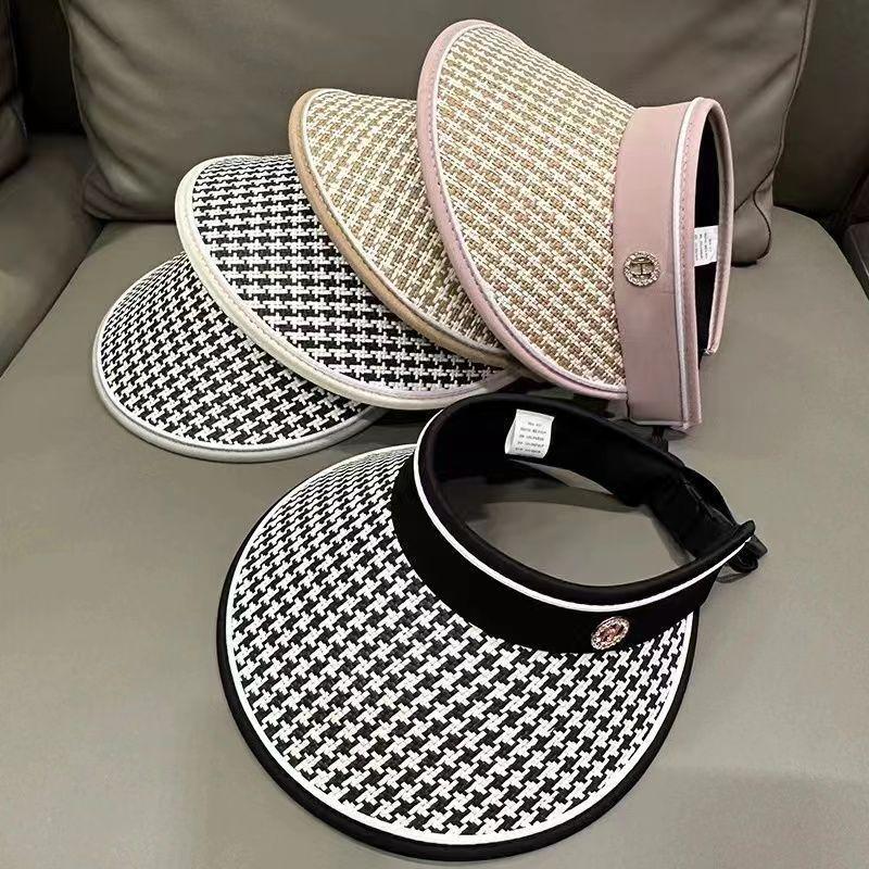 New Summer Thousand Bird Grid Straw Empty Top Hat Women's Face Covering Big Brim Sun Protection Ultraviolet Sunshade New Sun Hat