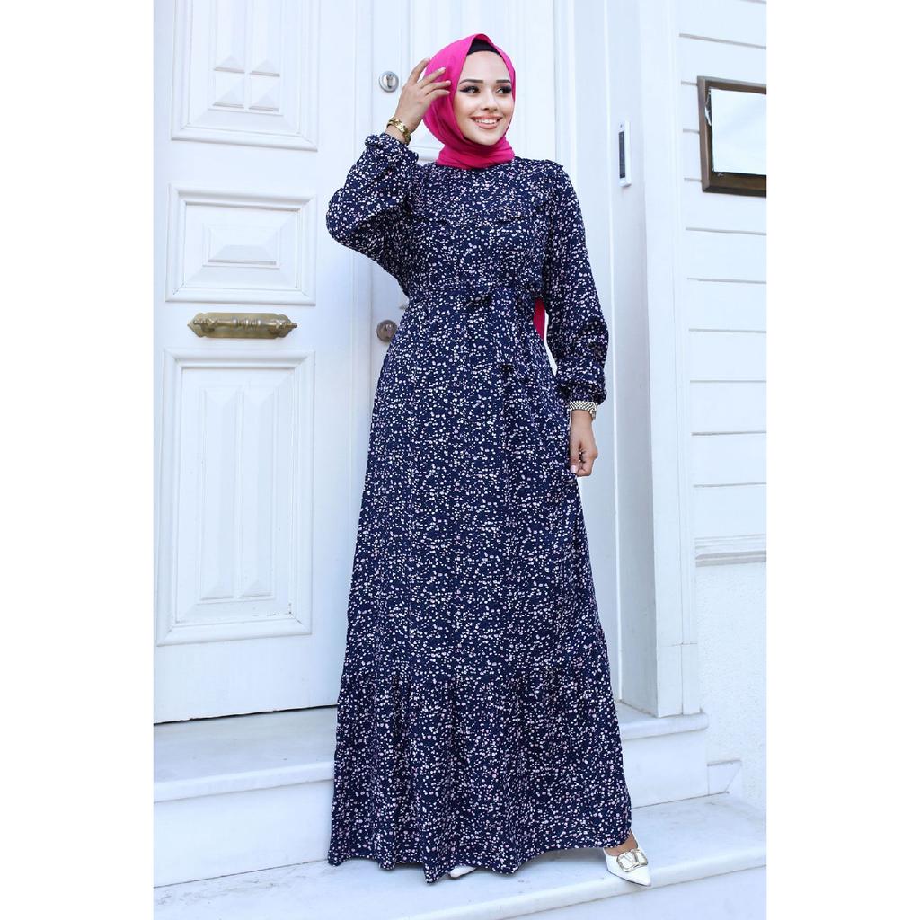 Ruffle Detailed Floral Viscose Dress Tsd240614 Black