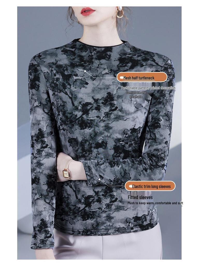 Neue Herbst-/Wintermode: Halbhoher Kragen Bedrucktes Langarm-T-Shirt mit Elastik und Samt.