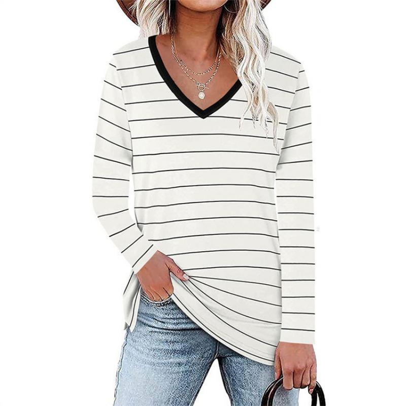 Frühlings-Langarmmode mit V-Ausschnitt und Streifen-T-Shirt-Oberteil für trendiges Damenhemd