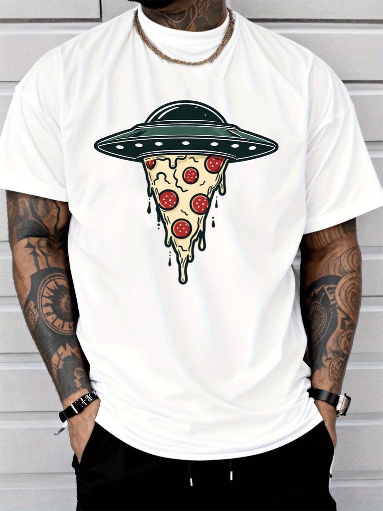 Men Crew Neck Tee Funny UFO Abducting Pizza Slice Cartoon Graphic Print Short Sleeve Summer Out