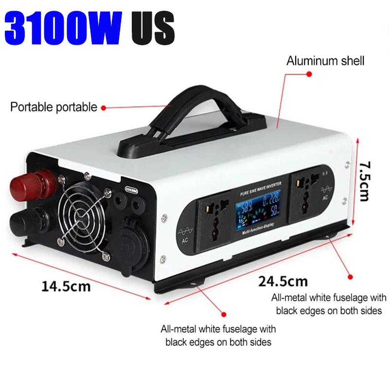 

Автомобильный инвертор постоянного тока 12 В в переменный ток 220 В 3100 Вт преобразователь мощности солнечные автомобильные инверторы автономные портативные автофургоны кемпинг чистая синусоида зелёный