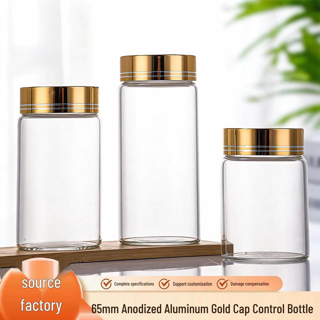 65mm Thickened High-Transparency Glass Bottle with Gold Oxidized Aluminum Screw Cap for Cereal and Grain Packaging.