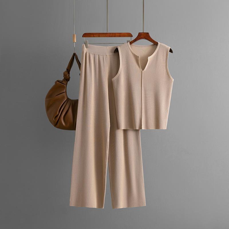 Summer New Simple Sleeveless Knitted Top Fashion Suit Casual Wide-leg Pants Two-piece Set Women