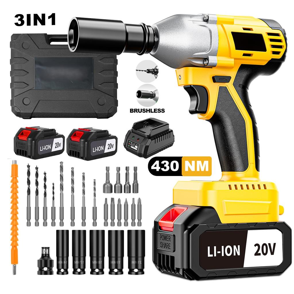 3-in-1 20V Industrial Grade Cordless Impact Wrench Set DIY Car Maintenance Battery Power Drop Shipping Local EU Warehouse