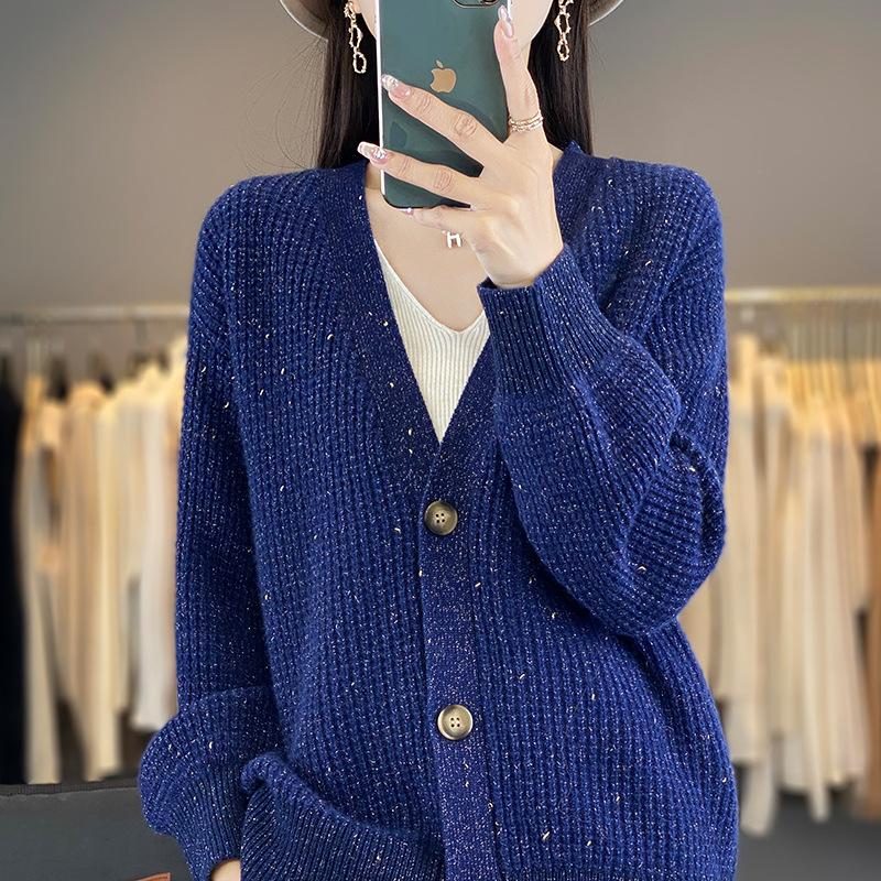 V-Neck Wool Cardigan Jacket Women'S Thickened Loose Ingot Needle Sweater Knitted Sweater Solid Color Top Autumn And Winter Wool Sweater