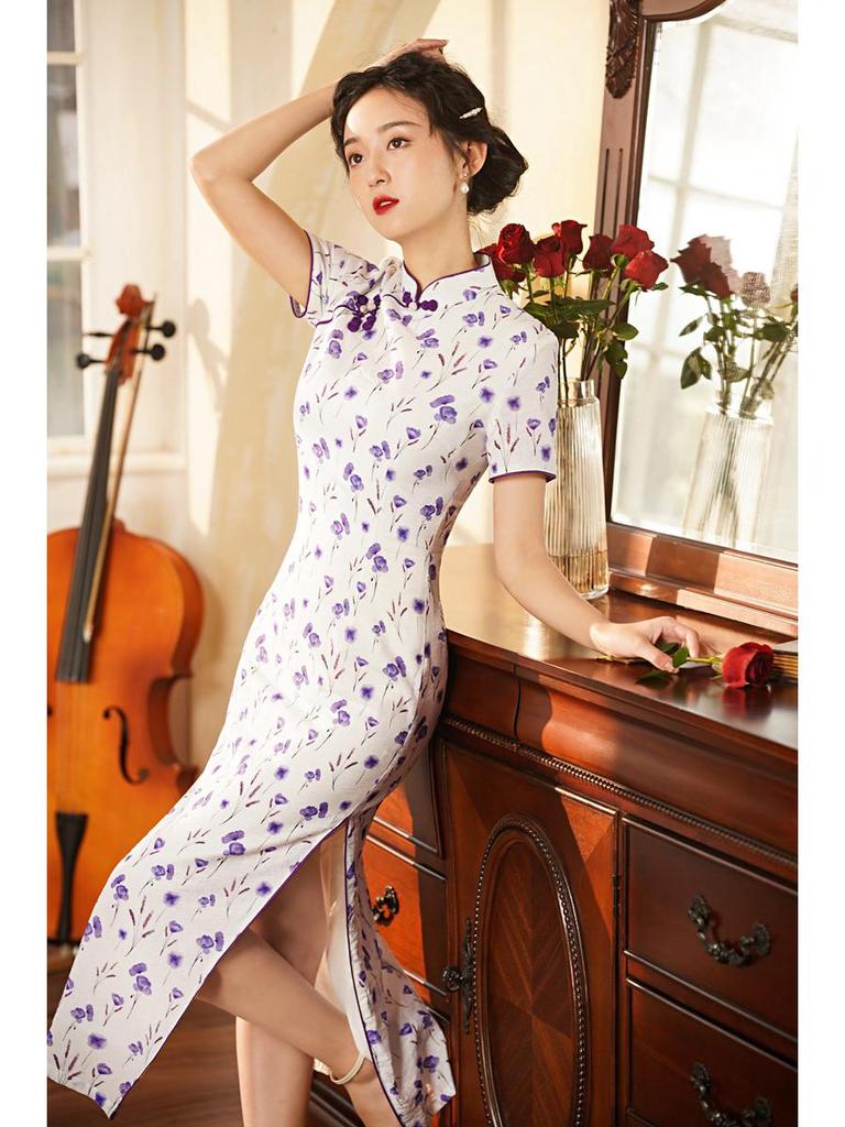 2024 Spring/Summer Elegant Retro Double-Layer Silk & Linen Short-Sleeve Cheongsam Dress