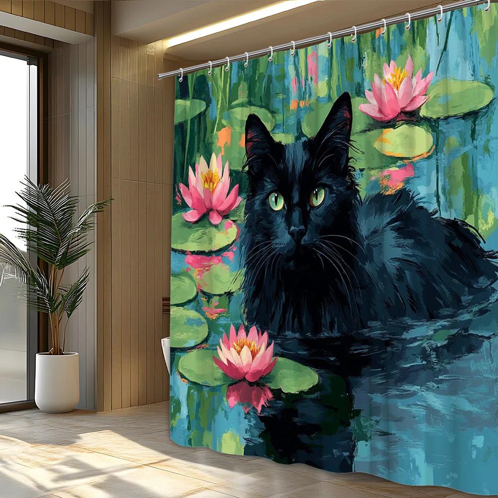 1pc Black Cat in for Lotus Pond with Pink Flowers Shower Curtain - Glossy Fur, Green Eyes, Vibrant Pond Reflections, Polyester
