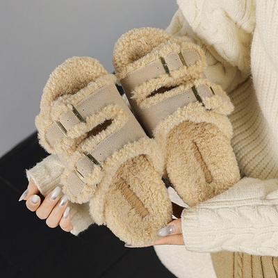 Thick-soled Buckle Drag Autumn and Winter New One-word Fluffy Slippers Women Wear Thick-soled Velvet Thermal Cotton Shoes
