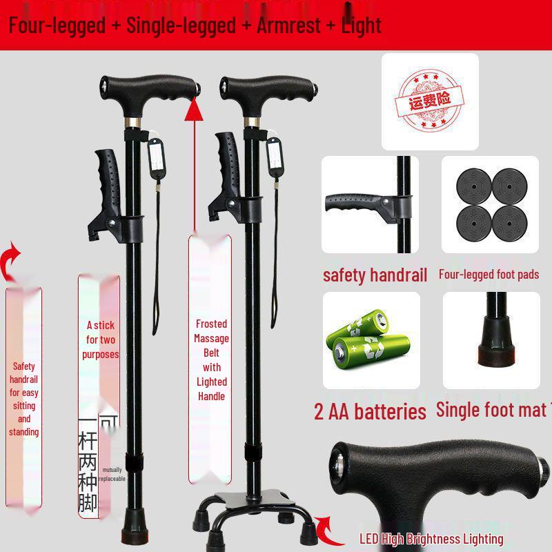 Four-Legged Aluminum Walking Cane with Light, Non-slip, Telescopic, Lightweight, Multi-functional Support for the Elderly