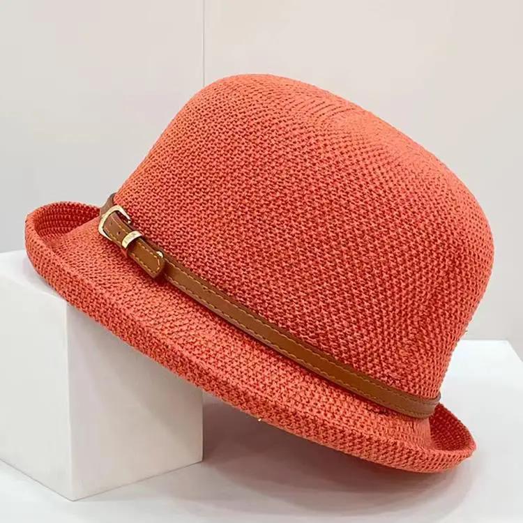 WTEMPO Hollow-out Summer Wide Brim Outdoor Travel Beach Hats Women Solid Color Casual Versatile Breathable Sun Hats with Belt