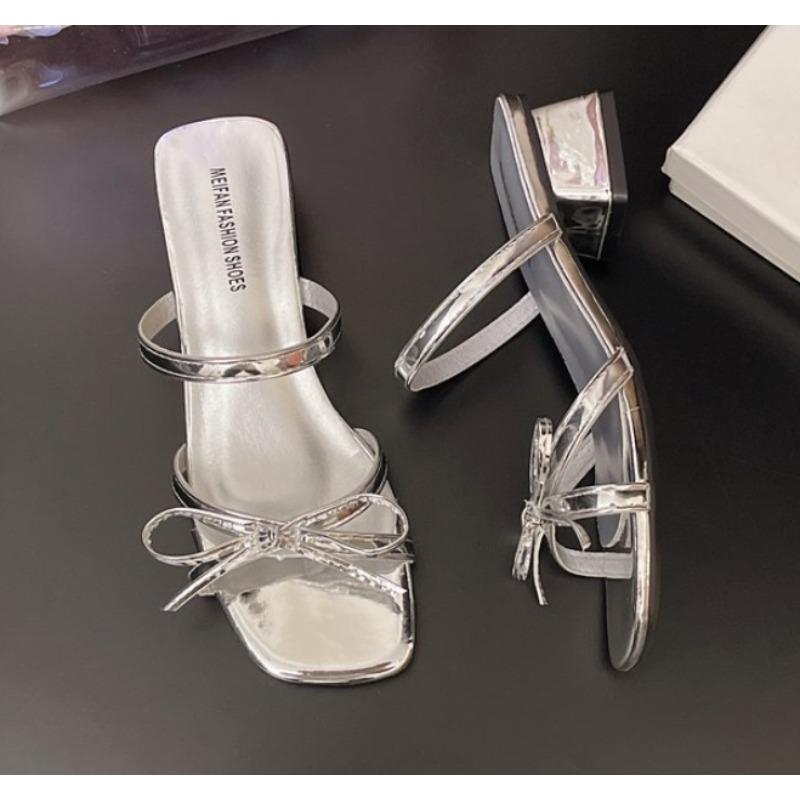 

Fashion Summer Bare Toed Square Head Mid-heel Shoes Pleated Chunky Sandals with A Line Single Shoe Women Bowtie Decor High Heels Sandals 35 серебряный