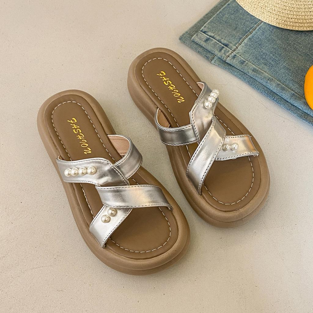 Crossed platform slippers female 2025 summer new with skirt fairy wind beaded casual beach cool slippers