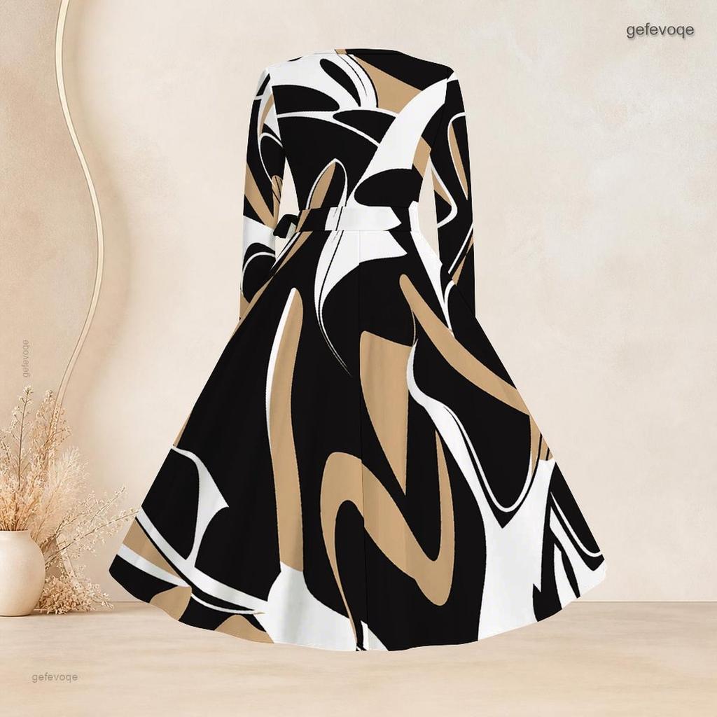 Women Plus Size Scalloped Square Neck Long Sleeve Printed Tie Waist A Line Dress
