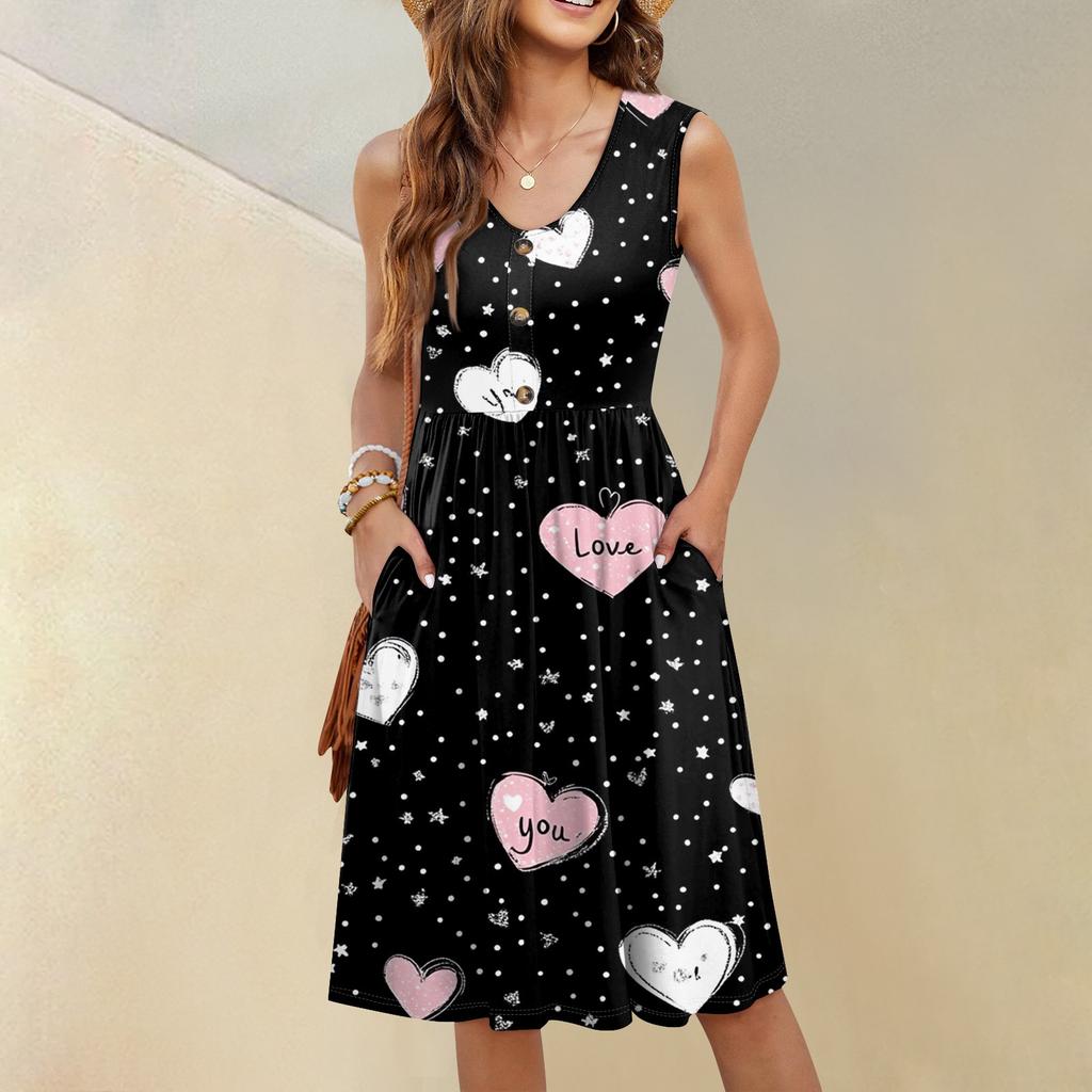 Women's Casual Fashion Sexy V-Neck Button Decoration Sleeveless Valentine's Day Tunic Dress