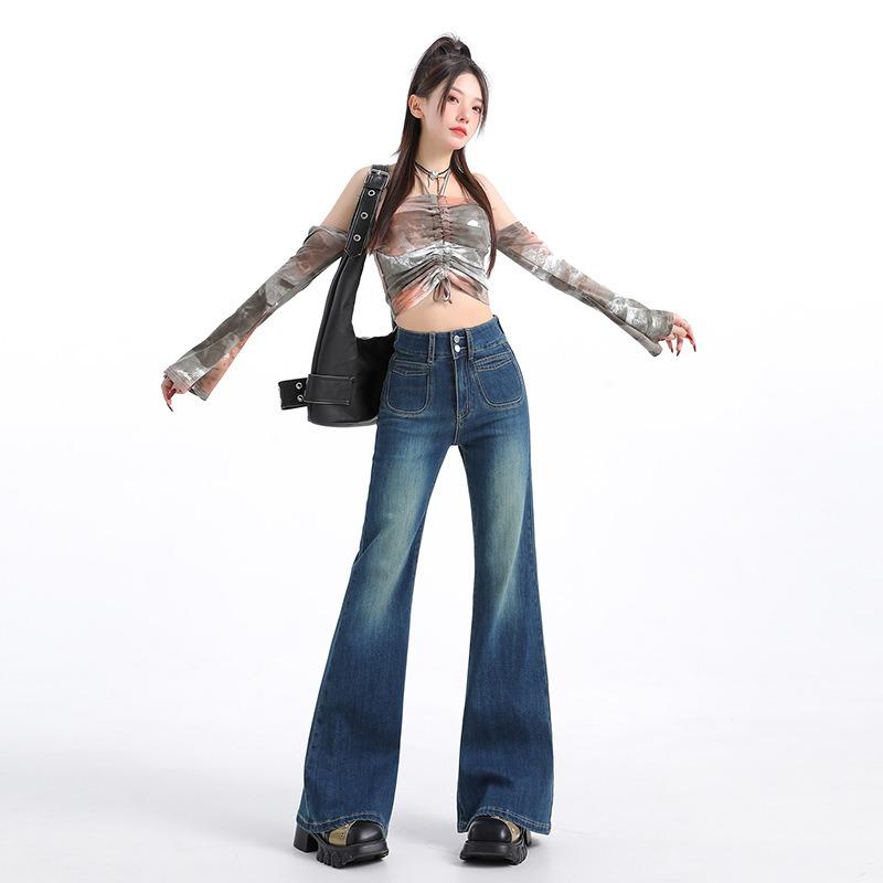 Autumn and winter new velvet slightly high-waisted jeans women's non-stick leg flared pants children