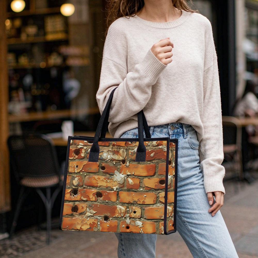 Vintage Brick Pattern Tote Bag Casual Durable Daily Use Shopping Handbag