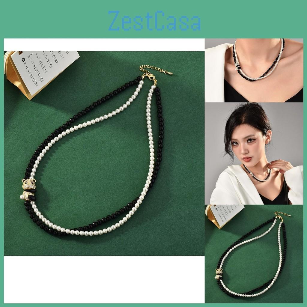 And Striking Black White Crystal Pearl Choker Necklace Featuring Vintage Panda Design For Fashion Enthusiasts