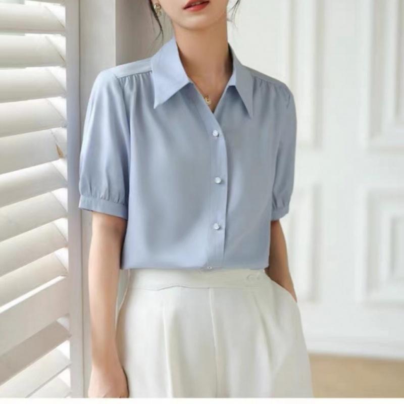 Cămașă Albastră cu Mâneci Scurte pentru Femei, Cămașă de Vară cu Gât în V, Temperament Profesional, Rochie Formală, Top Lejer cu Mâneci Baloon