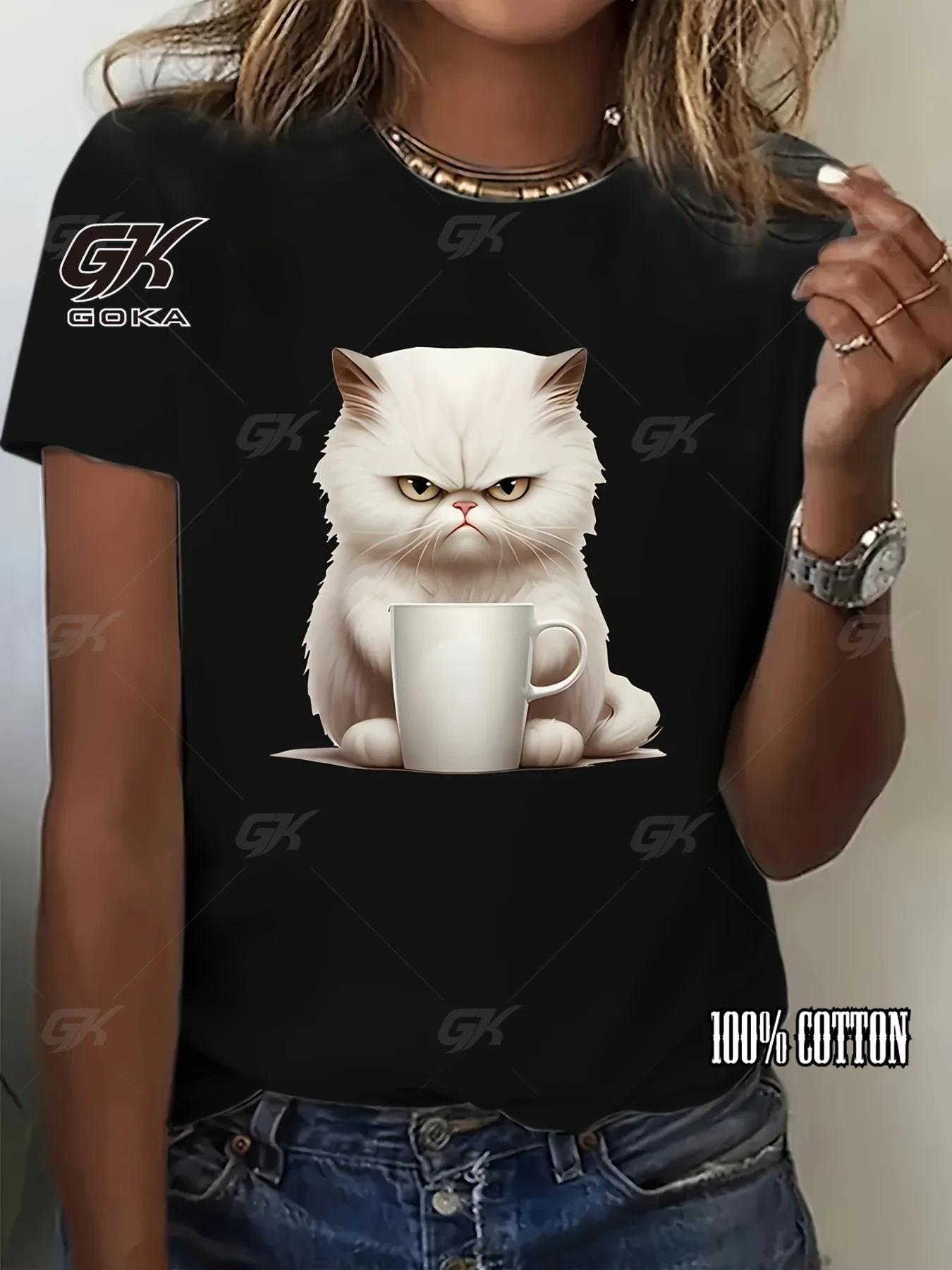 

Футболка с принтом злого котенка, с круглым вырезом, повседневная, с коротким рукавом, хлопковая, для лета, женская одежда, винтажные топы, унисекс футболки 4XL