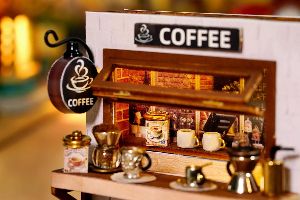 CUTEROOM Miniature Dollhouse Model Cafe with LED DIY Birthday Home Decoration for Family and Friends Kit, House, Lights, Craft, Gift, (QT048)