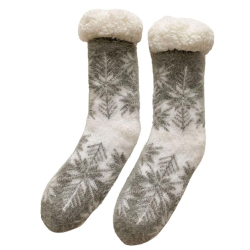 Women Fuzzy Slipper Socks Christmas Snowflake Non-Slip Plush Socks with Grippers серый