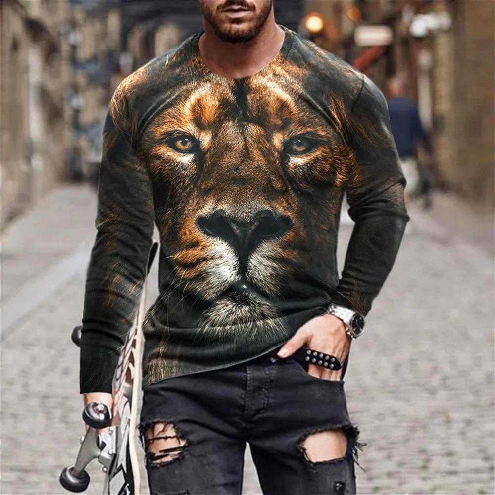 Fashionable New Animal Lion Print Men's O-neck Long Sleeved T-shirt Casual Oversized Pullover Round Neck Comfortable Top