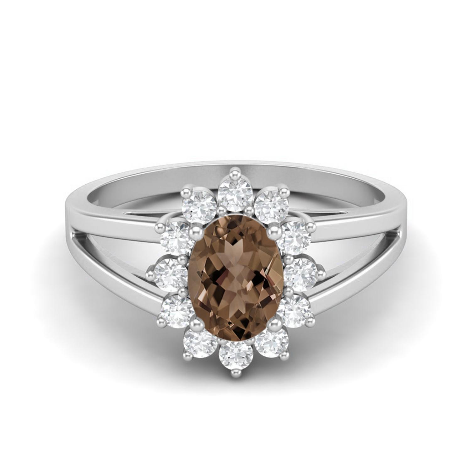 

7X5MM Oval Shape Smoky Quartz 925 Sterling Silver Split Shank Women Wedding Ring 5 білий