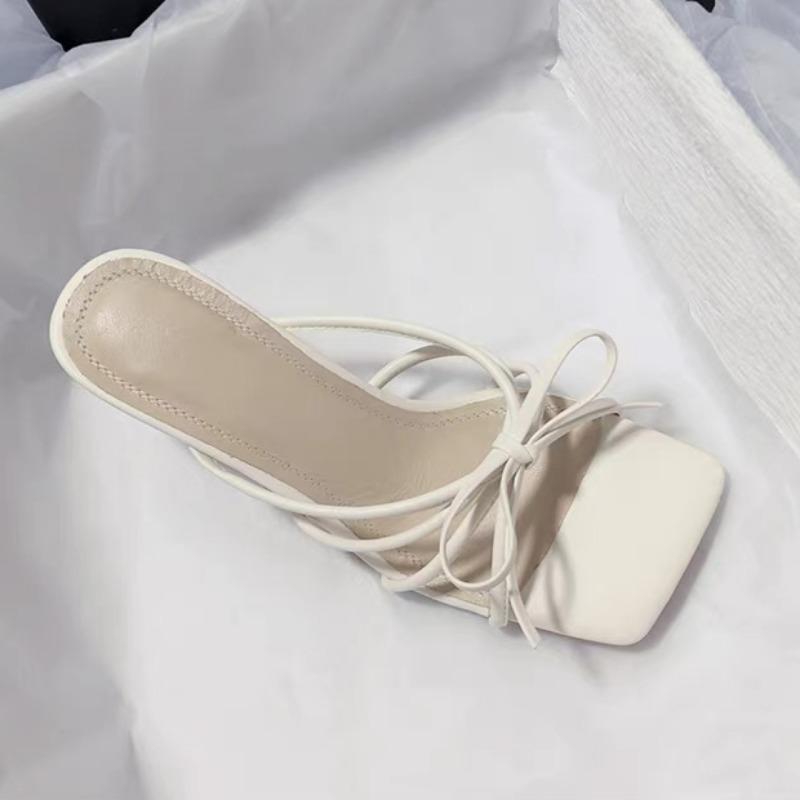 Fashion Bow Slippers Women High Heels Sandals Square Toe Shoes Elegant Summer 2025 Dress Luxury Pumps Trend Open Toe Shoes Casual Slides