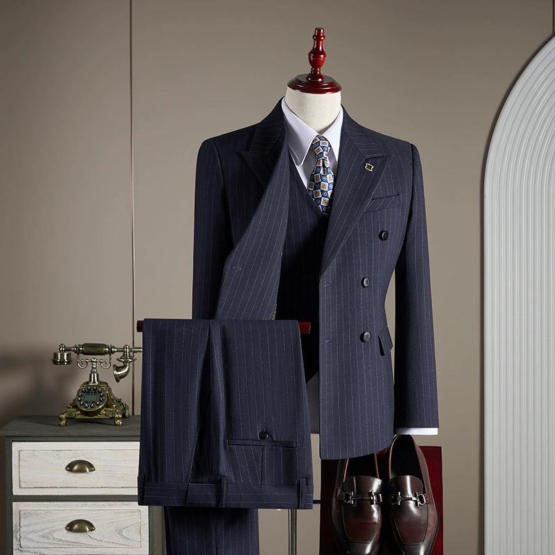 

Мужской полосатый костюм-тройка, высококачественный двубортный костюм, деловой костюм в западном стиле высокой четкости с галстуком-бабочкой S темно-синий