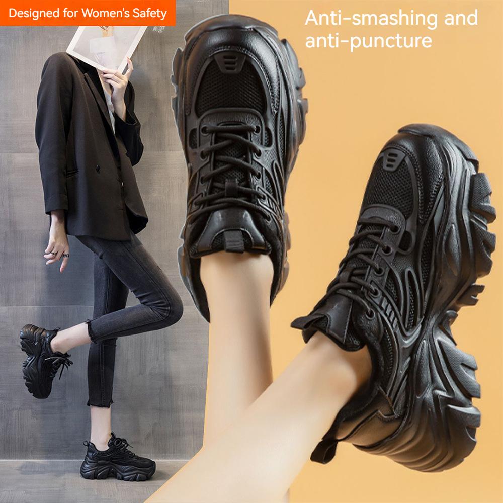 Zapatos de seguridad con punta de acero, zapatillas de trabajo para mujer, zapatos de trabajo transpirables de suela alta, botas de seguridad ligeras a prueba de pinchazos, zapatos negros para mujer