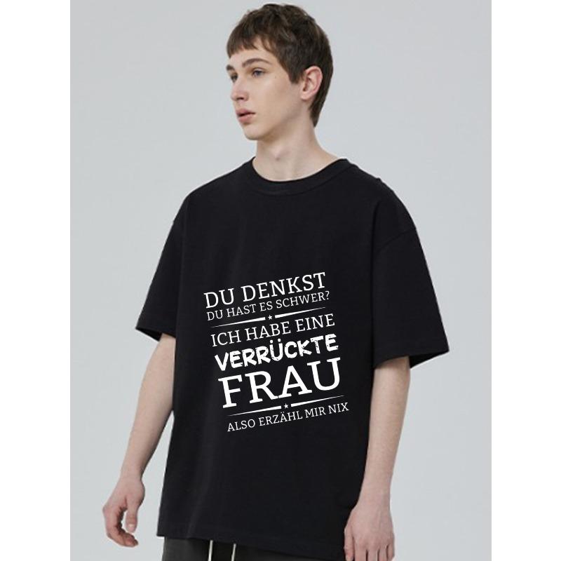 Black T Shirt with German Text Design for Casual Wear
