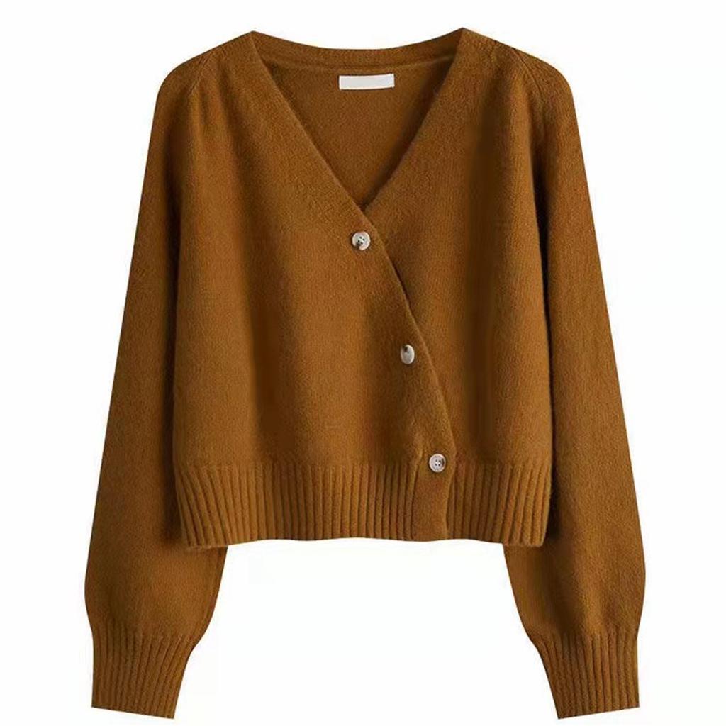 Women's Solid Color V-neck  Breasted Short Loose Cardigan Sweater Jacket
