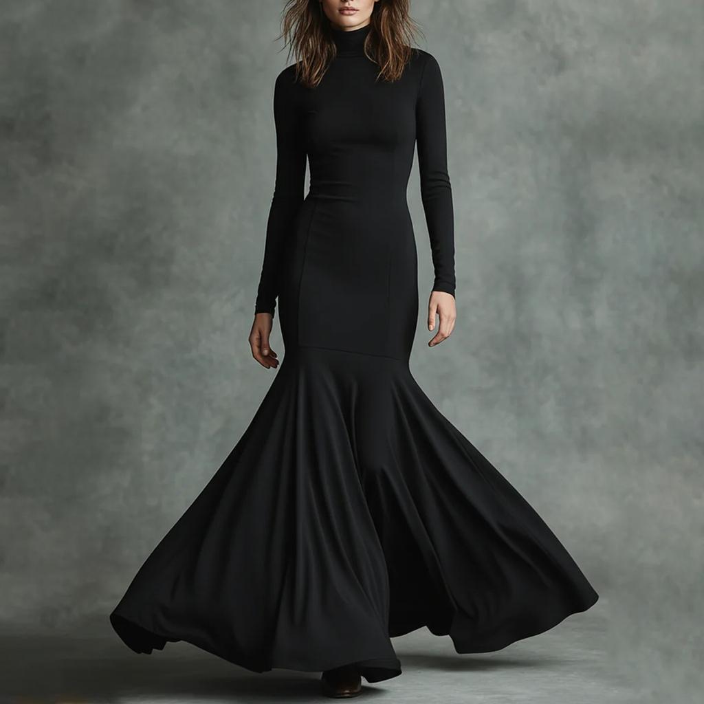 Women’s Long Sleeve High Neck Maxi Dress Elegant Formal Gown Fitted Floor Length Evening Wear for Special Occasions