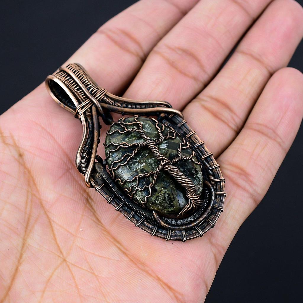 Tree Of Life Copper Seraphinite Gemstone Pure Copper Wire Wrapped Handmade Pendant Jewelry For Her