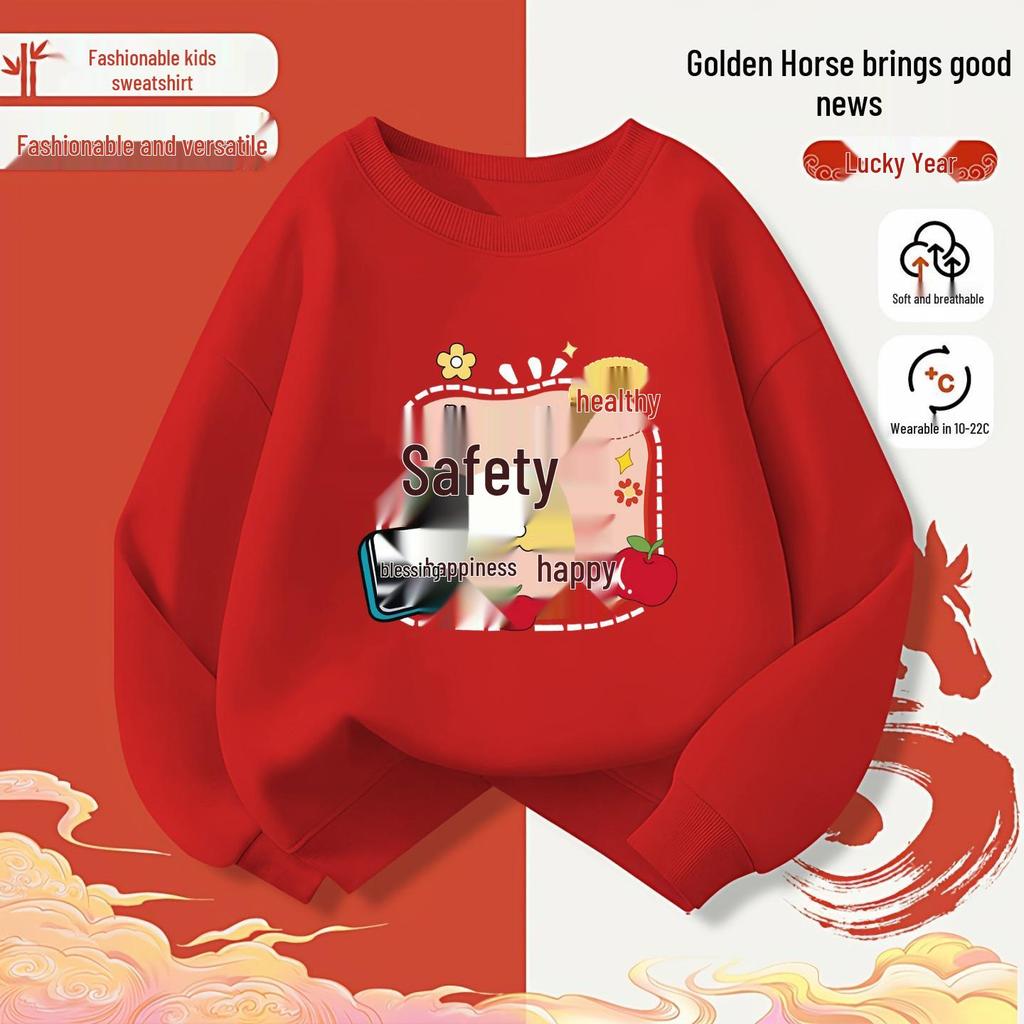 Kid's Fleece-Lined Hoodie for Autumn/Winter - Loose Round Neck, Year of the Horse Zodiac, Red, 2026 Collection