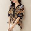 Summer V-neck Vintage Printed Loose Casual Diamons Shirt Women Oversized All-match Fashion Pullover Blouse Lady Short Sleeve Top
