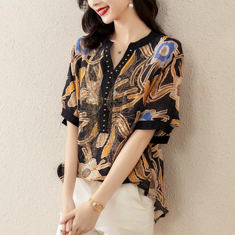 Summer V-neck Vintage Printed Loose Casual Diamons Shirt Women Oversized All-match Fashion Pullover Blouse Lady Short Sleeve Top