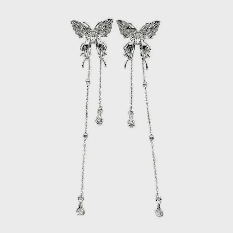 Silver Needle Crystal Butterfly Tassel Earrings with Pearls - Elegant, Nature-Inspired Jewelry for Women.