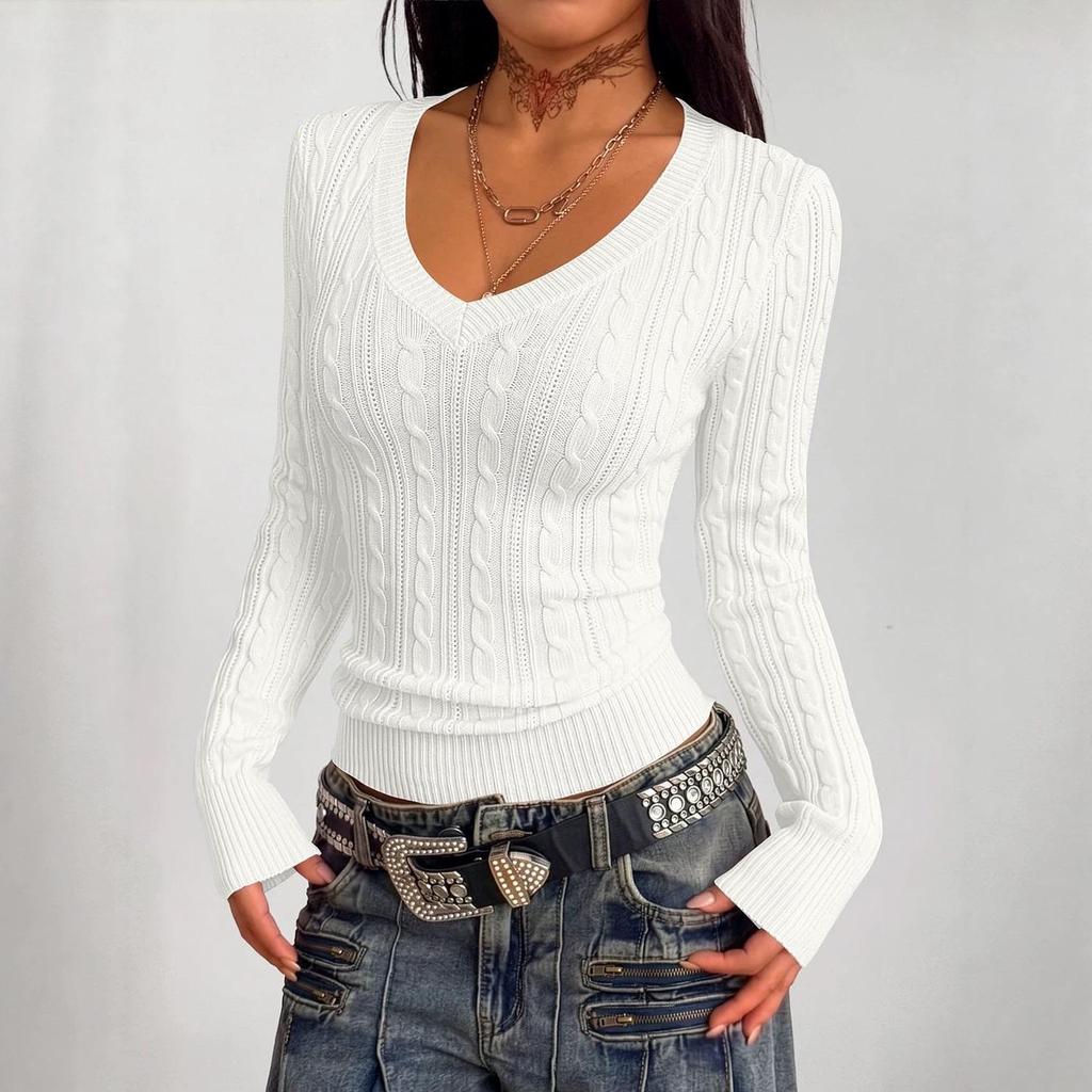 2026 Spring/Autumn Women's V-Neck Cable Knit Sweater - Loose European & American Street Style, Solid Color, Spicy Girl Knitwear