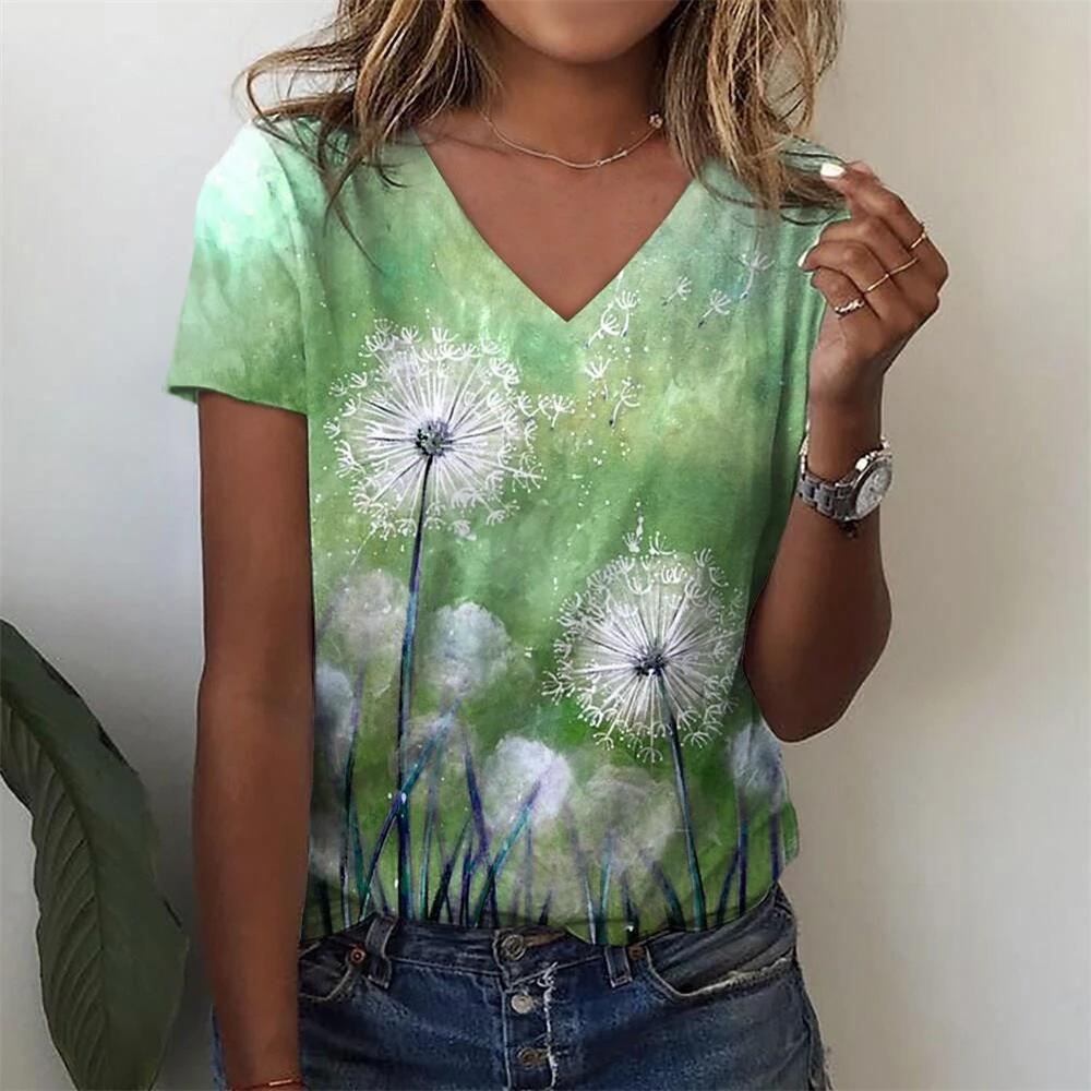 Fashion Floral Pattern 3D Digital Printing Women's Comfortable V-neck Short Sleeved T-shirt