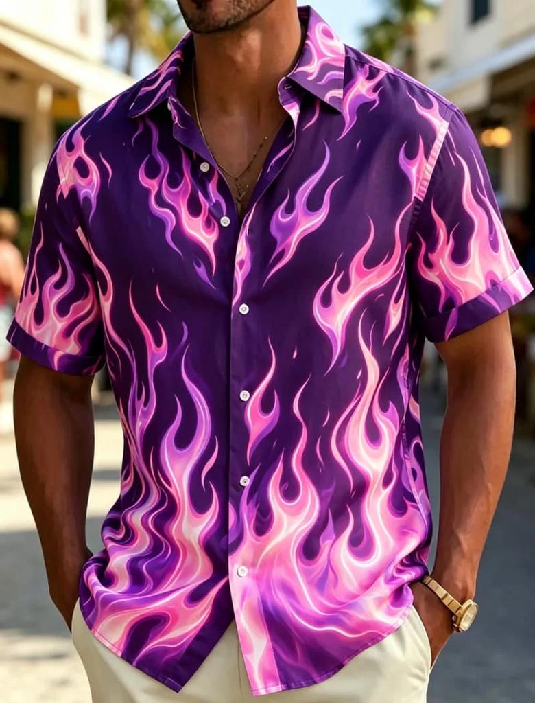 Neon Flame Print Short Sleeve Shirt, Trendy Casual Button-Down For Men