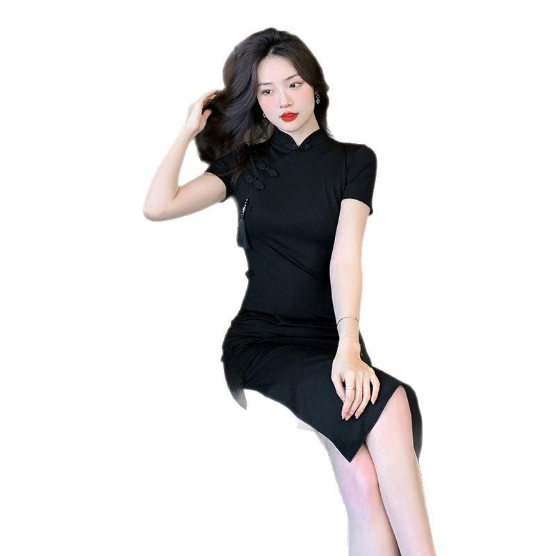Chinese Retro Buckle Improved Cheongsam Skirt Children's High-end Black Dress Summer Waist Split Hip Skirt
