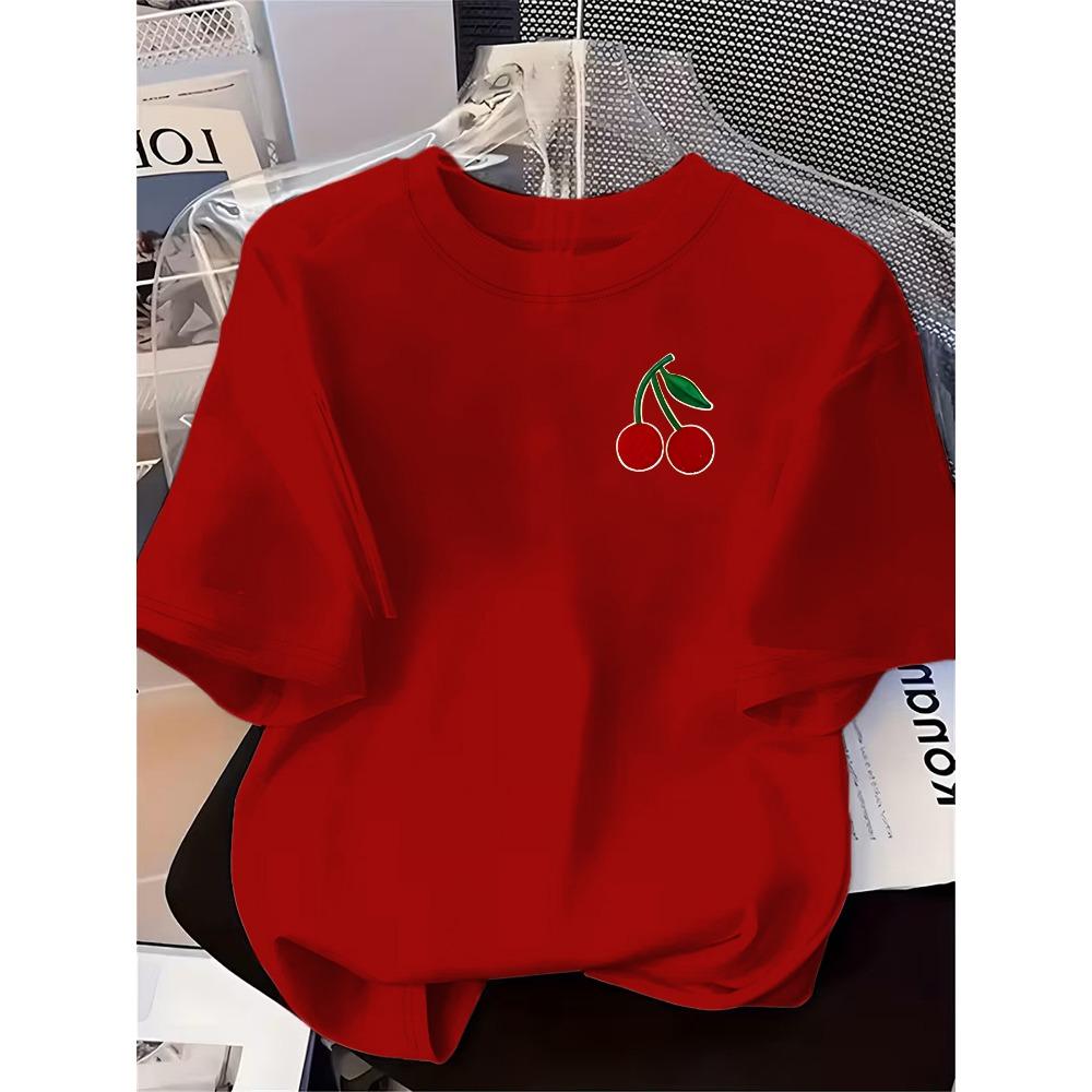 Cherry Pattern Summer New Women's Printed T-shirt Casual Fashion Elegant Round Neck Casual Women's Clothing