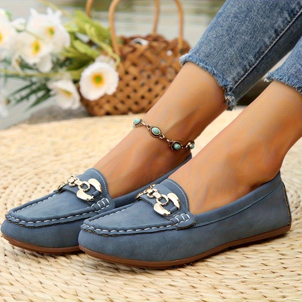 Préparation de Bureau Mode Féminine Mocassins à Enfiler - Semelle Souple, Chaussures Plates Décontractées Bleu Denim avec Boucles Métalliques Décoratives, Tige en Vernis PU