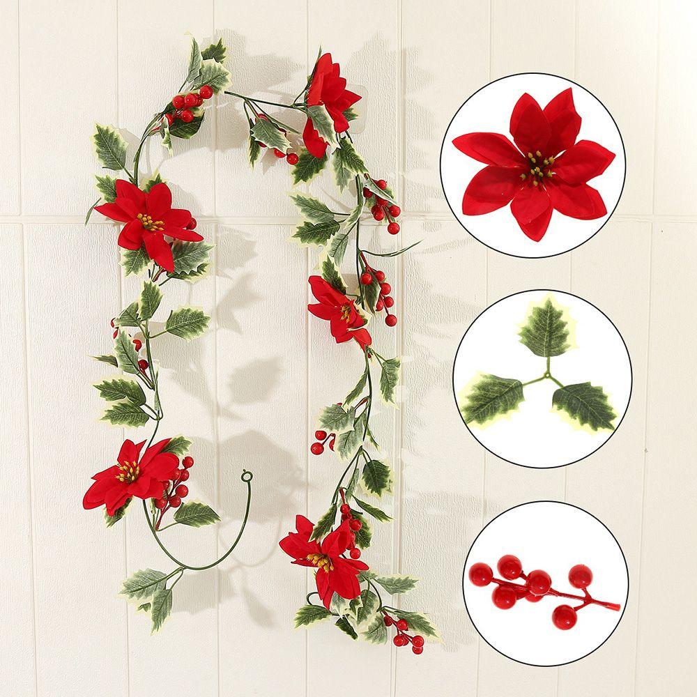 

Hanging Wreath Holly Leaves Rattan Christmas Flower Garland Artificial Red Berries Home Decoration