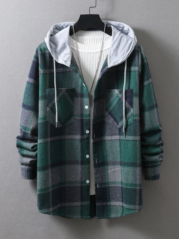 Vår och Höst Herr Casual Långärmad Rutig Huvtröja Herr Trend Mode Lös Skjorta Jacka