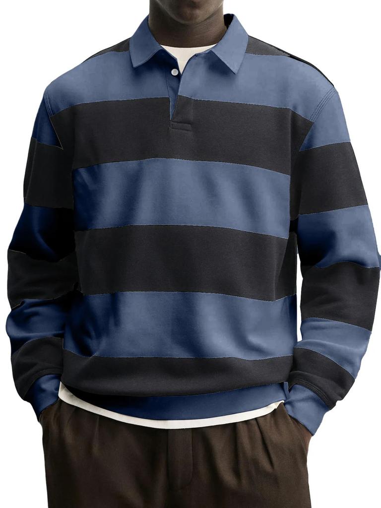 Men's Striped Long Sleeve Polo Shirt Relaxed Fit Turn Down Collar Casual Rugby Style Top