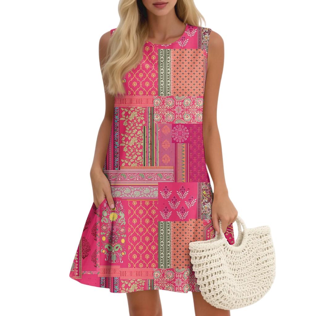 Women's Casual Fashion Breathable Round Neck Vest Floral Holiday Dress With Pockets